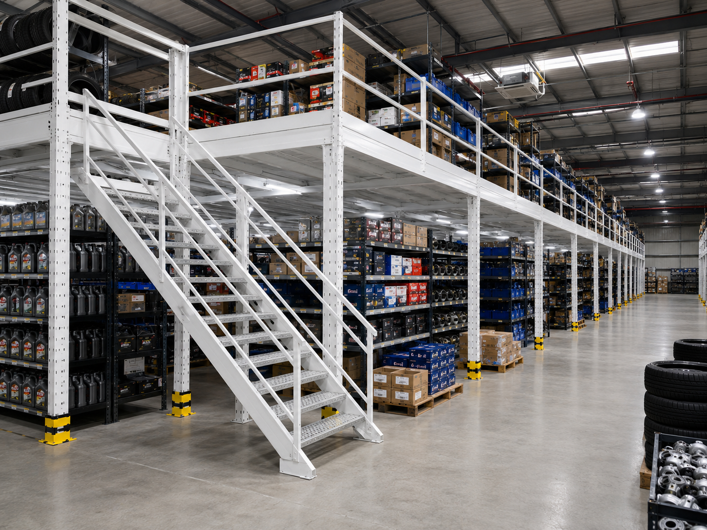 Rack & Save mezzanine with boltless shelving and stored merchandise, a stockroom reference for retail boutiques