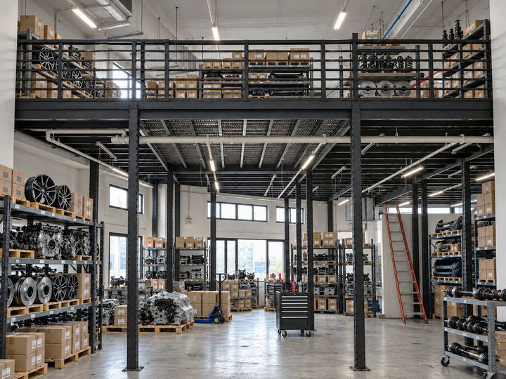 Concept illustration showing a steel mezzanine for automotive components and spare-parts logistics in a manufacturing facility