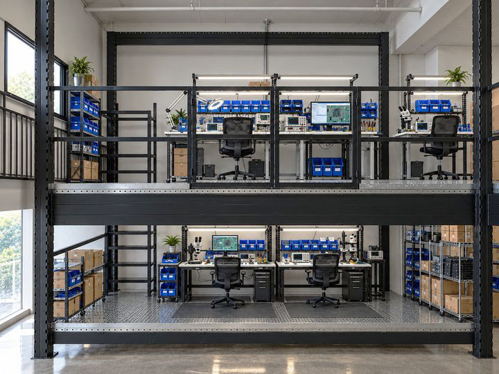 Concept illustration showing a steel mezzanine for electronics assembly support in a manufacturing facility