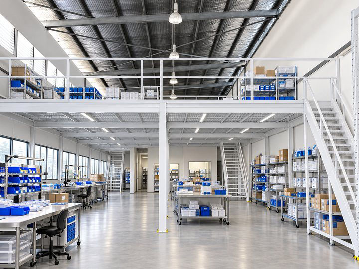 Concept illustration showing a steel mezzanine for medical-device suppliers and ancillary storage in a manufacturing facility