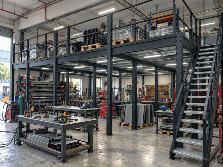 Concept illustration showing a steel mezzanine for metal fabrication and tooling storage in a manufacturing facility