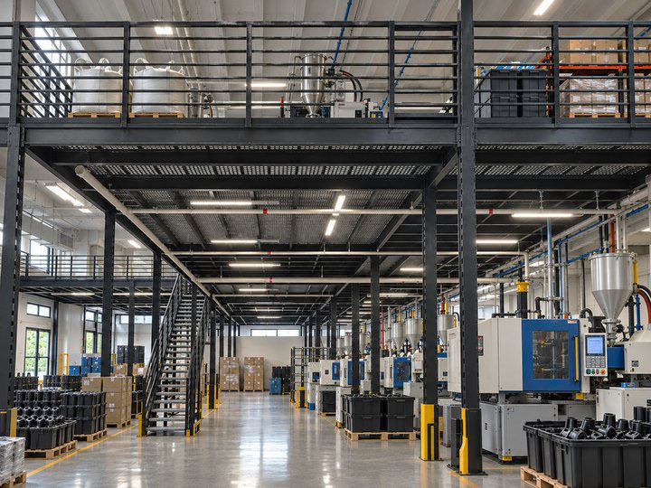 Concept illustration showing a steel mezzanine for plastic injection moulding factory in a manufacturing facility