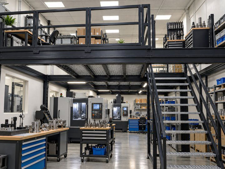 Concept illustration showing a steel mezzanine for precision engineering and cnc workshop in a manufacturing facility