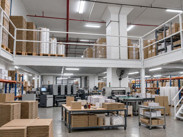 Concept illustration showing a steel mezzanine for printing and packaging production support in a manufacturing facility