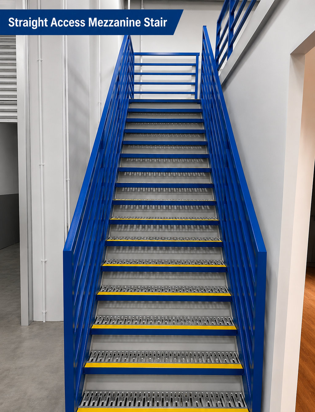 Straight blue steel mezzanine staircase with metal steps and protective side rails
