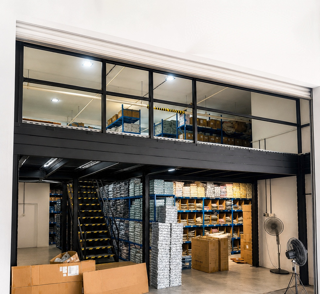 The full black steel mezzanine spans the warehouse opening with upper storage, ground-floor shelving and its staircase visible together.