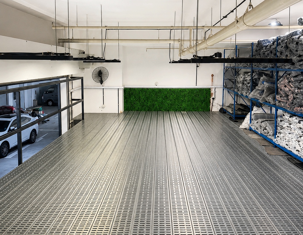 Wide view along the upper platform showing slotted metal decking, perimeter protection and nearby storage racks.