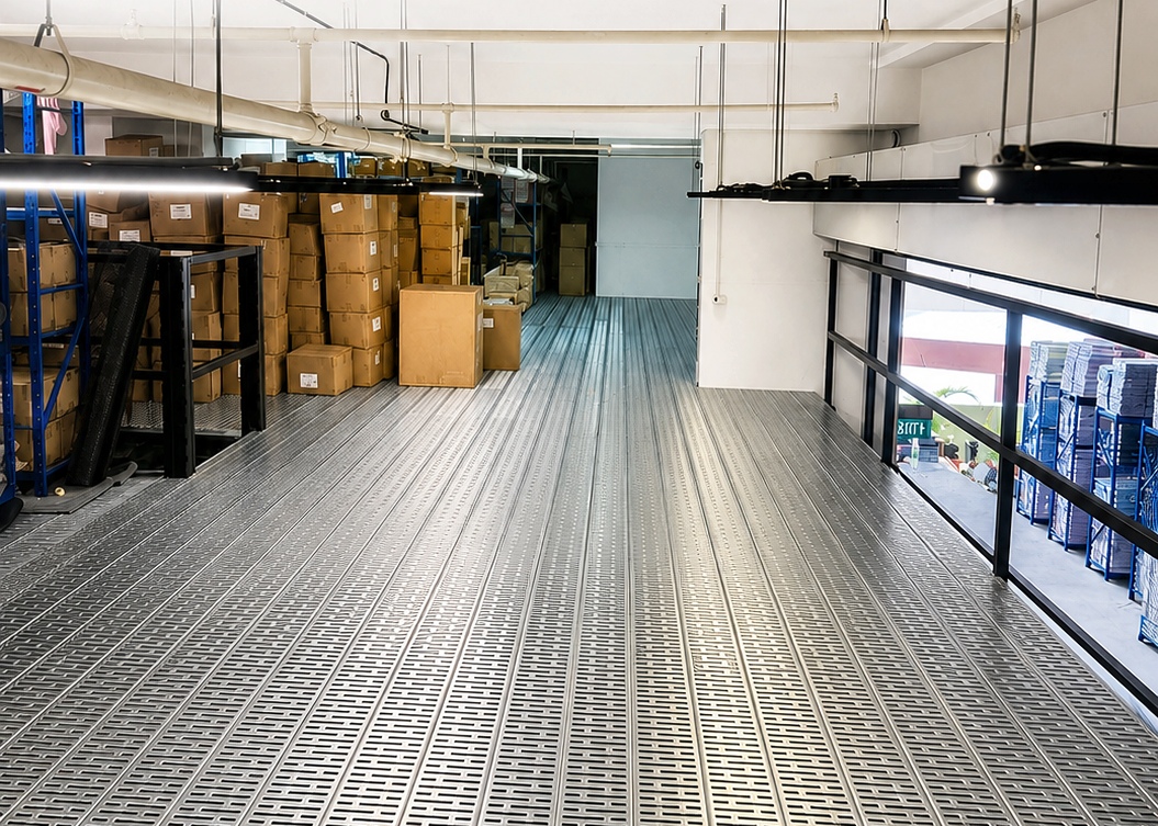 Long view of the slotted upper deck and guardrails with cartons stacked towards the end of the warehouse.