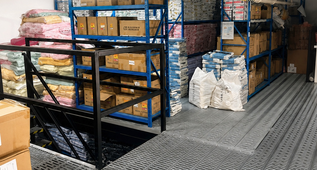 Installed mezzanine level with blue storage shelving, boxed stock, metal flooring and the staircase guardrail.