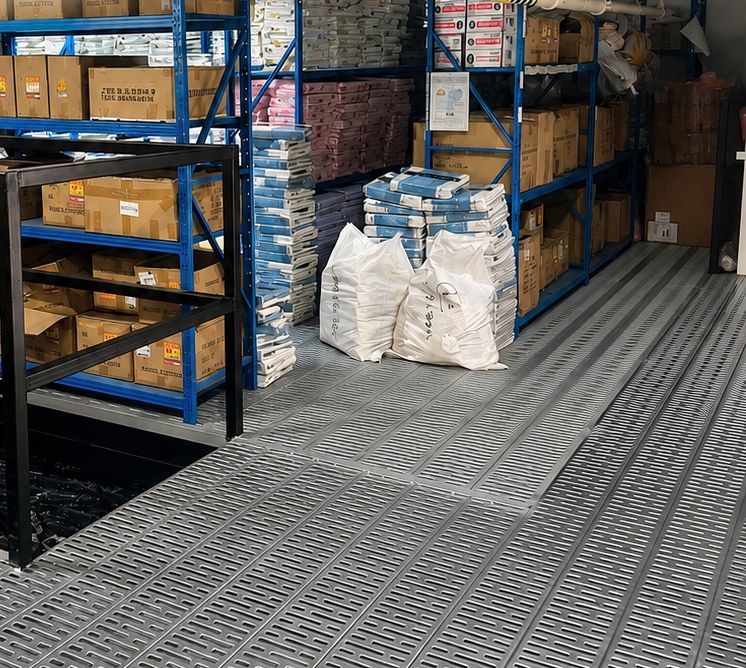 Closer view of the upper-level storage shelves, packaged goods, metal deck and black safety barrier.
