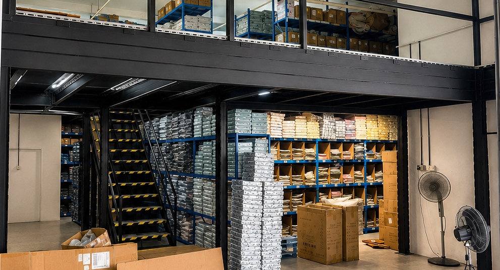 Detail view of black structural steel beam framing and columns under the mezzanine floor.