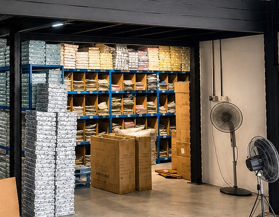 Closer view of shelving and cartons occupying the warehouse area beneath the mezzanine.