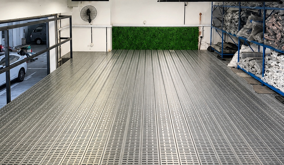 A focused view of perforated metal flooring extending across the upper warehouse mezzanine.