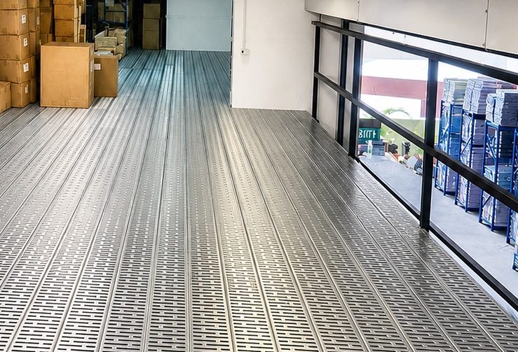 Upper-level perimeter guardrails, circulation route and warehouse views from the mezzanine.