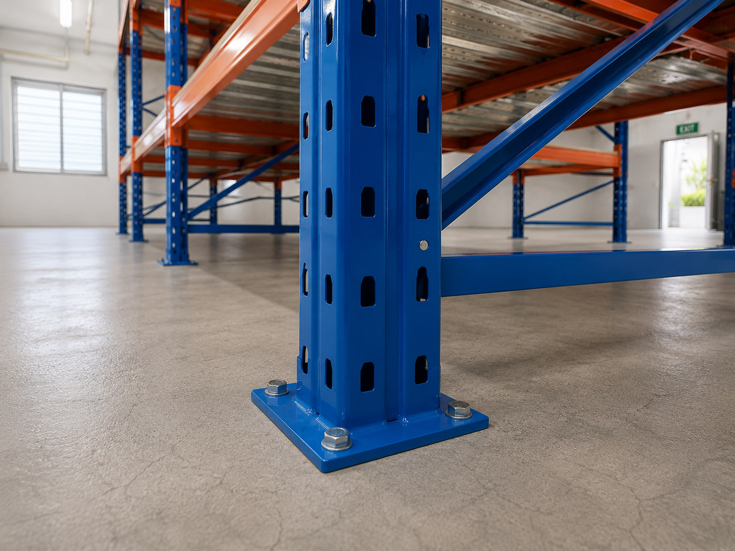 Blue steel upright and baseplate with visible fixings to industrial concrete floor