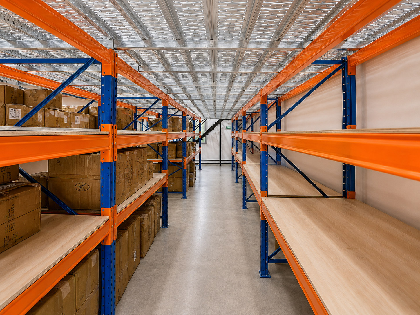 Central storage aisle with carton racks below a rack-supported mezzanine platform