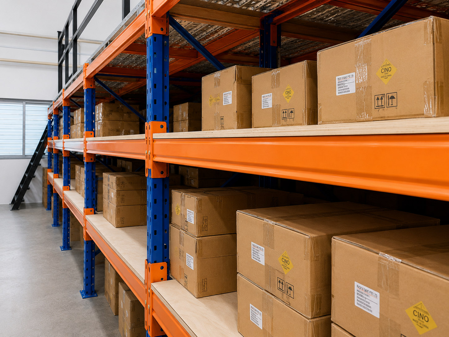 Orange and blue rack shelving loaded with cartons below the elevated metal floor