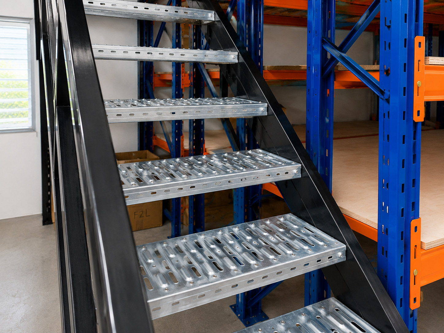 Metal staircase with perforated steps alongside blue uprights and orange storage beams