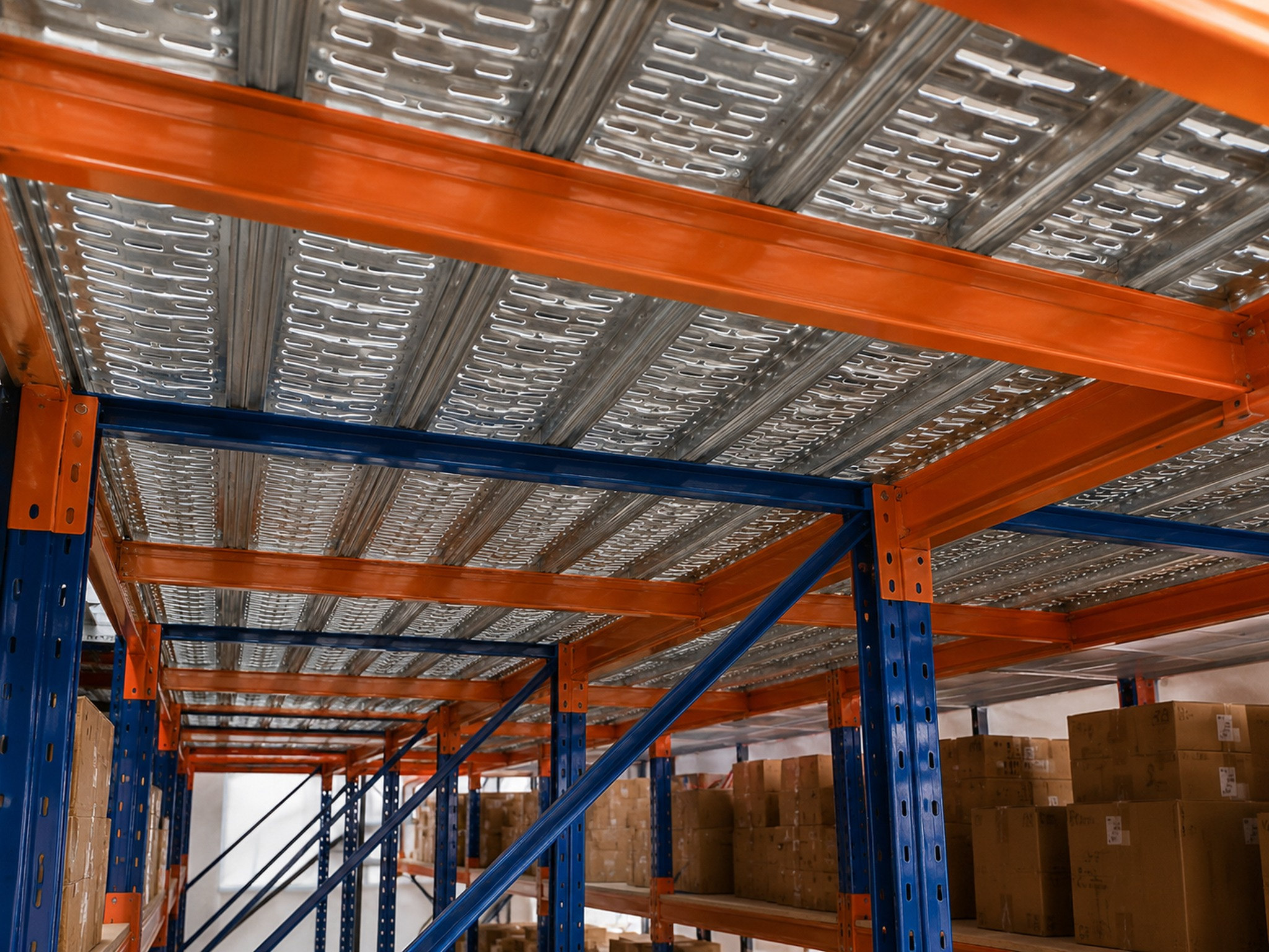 Underfloor view with perforated steel planks, orange beams and blue diagonal cross braces