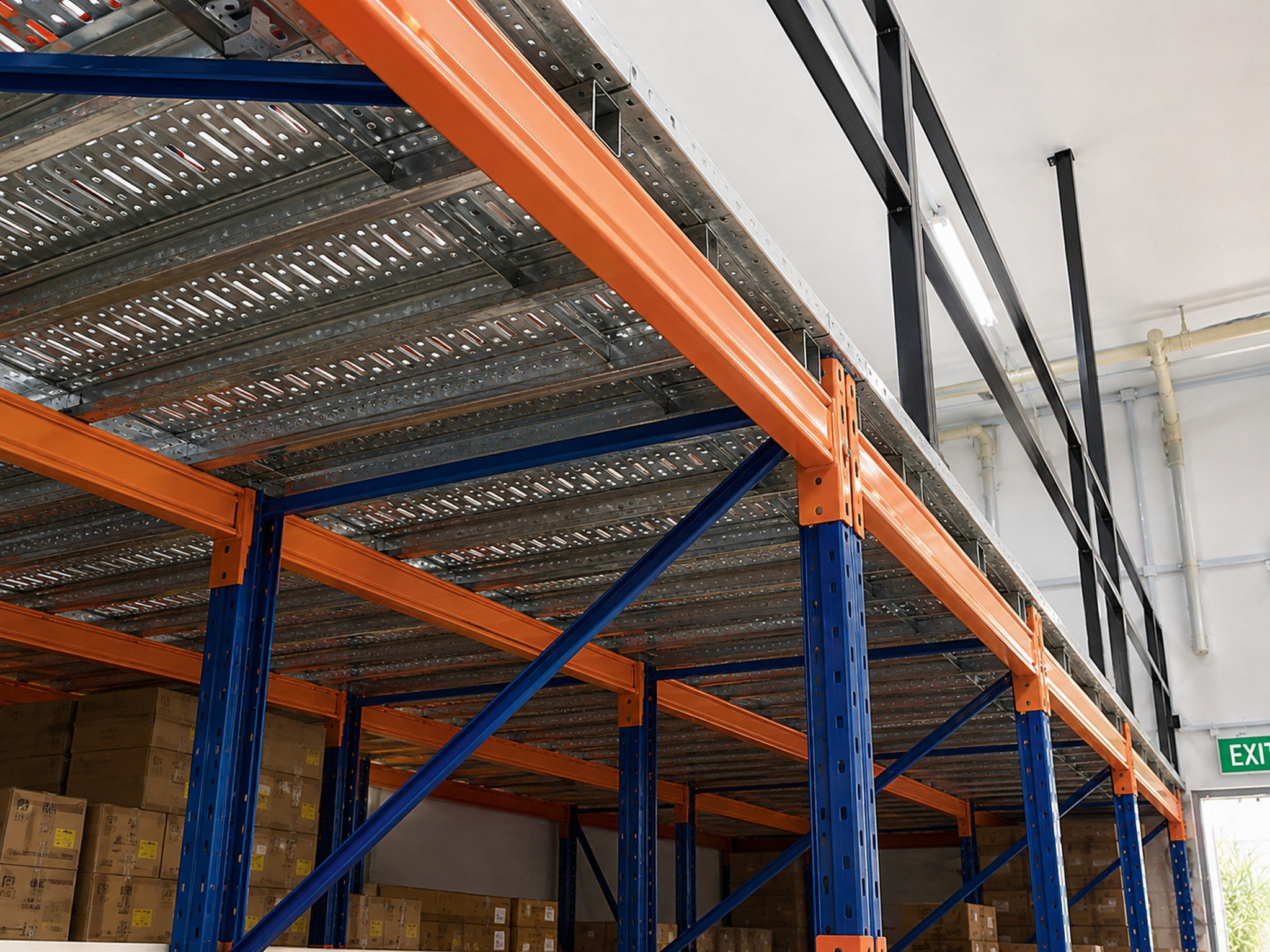 Underside of rack-supported mezzanine, orange steel beams, blue uprights and slotted metal floor