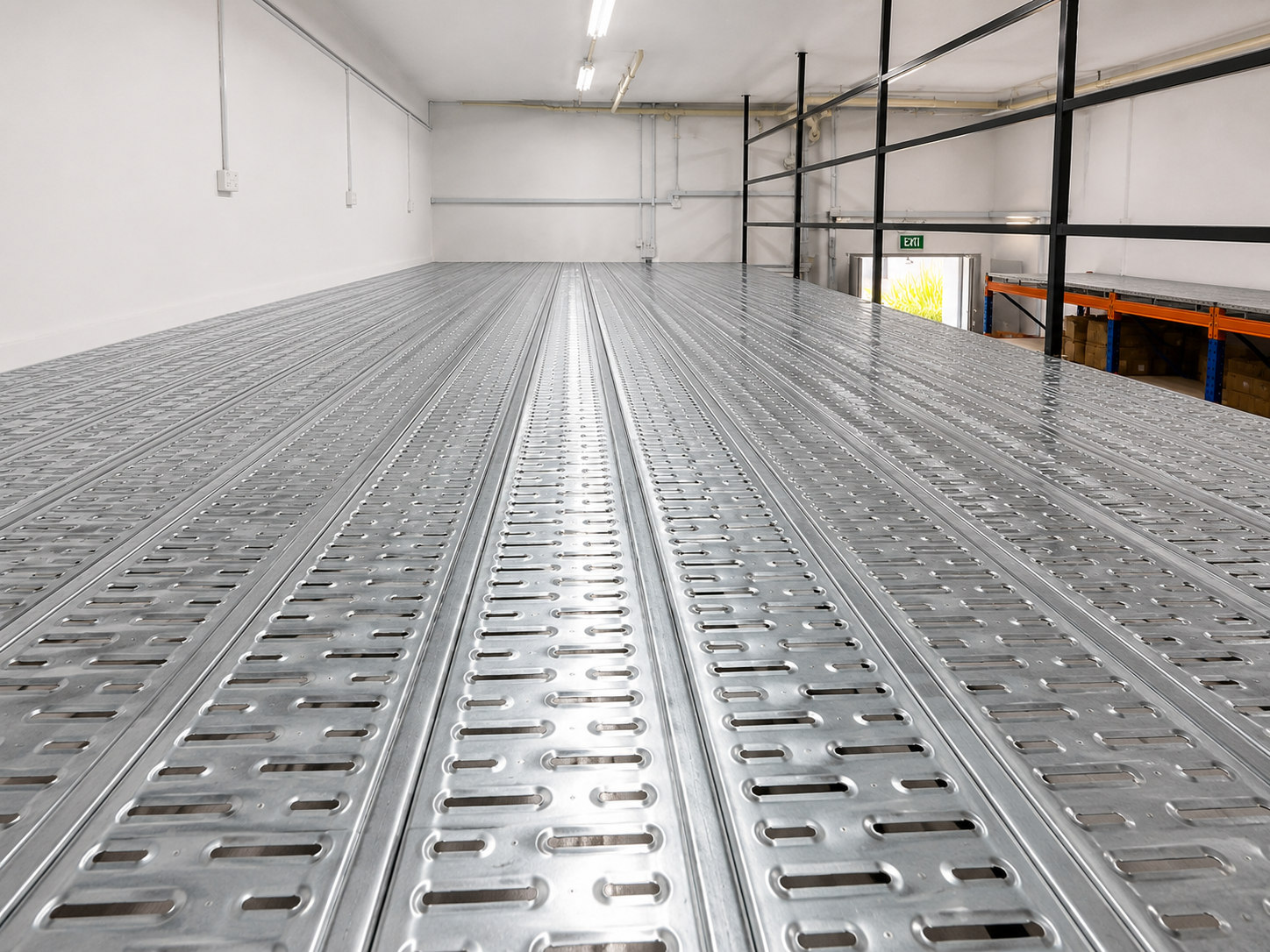 Wide view of perforated silver metal deck with black perimeter steel railings