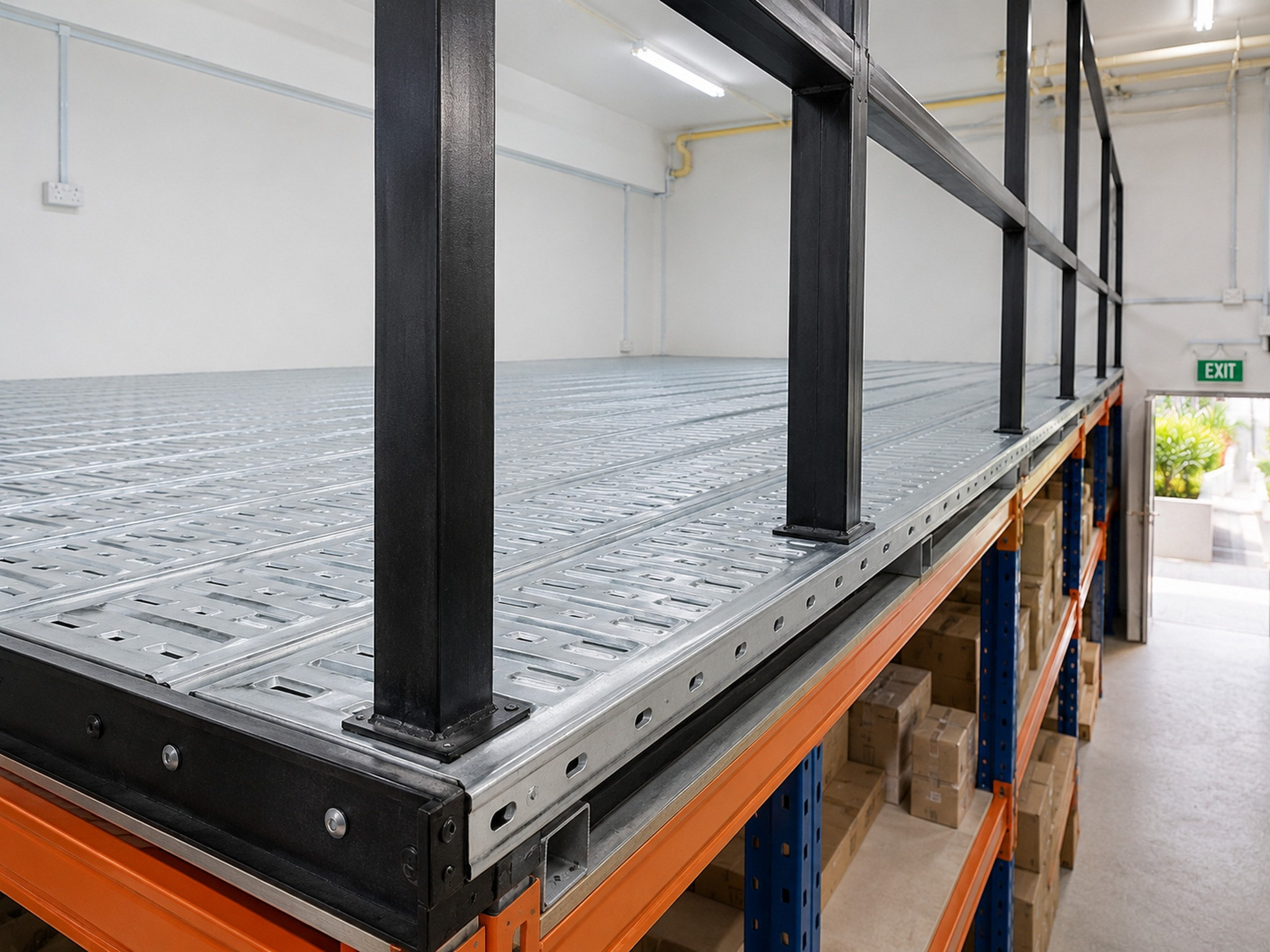 Black steel guardrails on upper rack-supported mezzanine platform above storage shelves