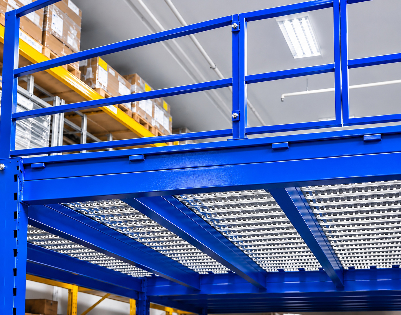 Upper level steel frame, railings and metal deck structure of Kaki Bukit industrial mezzanine