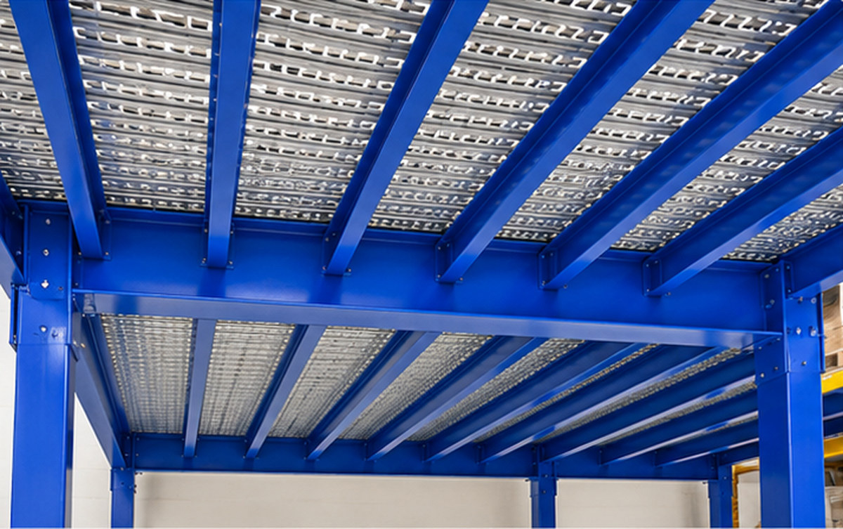 Blue steel beams and supporting structure beneath industrial mezzanine in Singapore warehouse