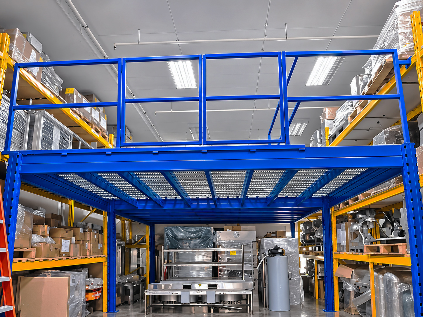 Front elevation of industrial mezzanine support structure and under-deck storage in Kaki Bukit Singapore