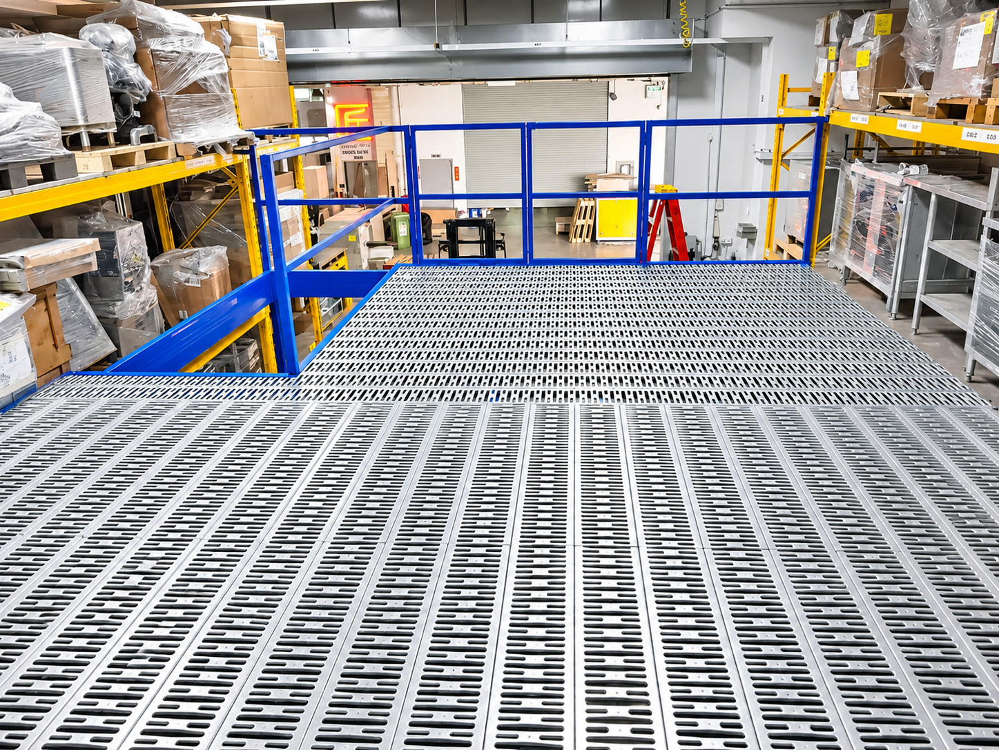 Top view of industrial mezzanine metal-plank upper floor at Kaki Bukit Singapore
