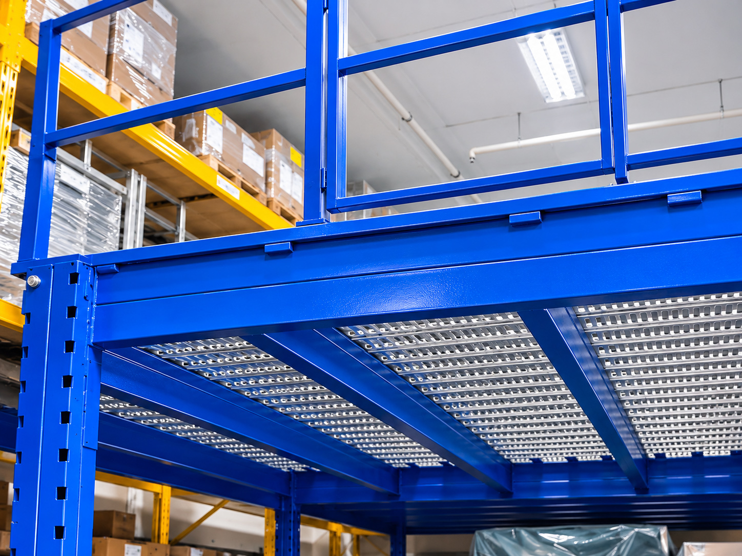Close-up of slotted metal plank mezzanine flooring and blue guardrails Singapore