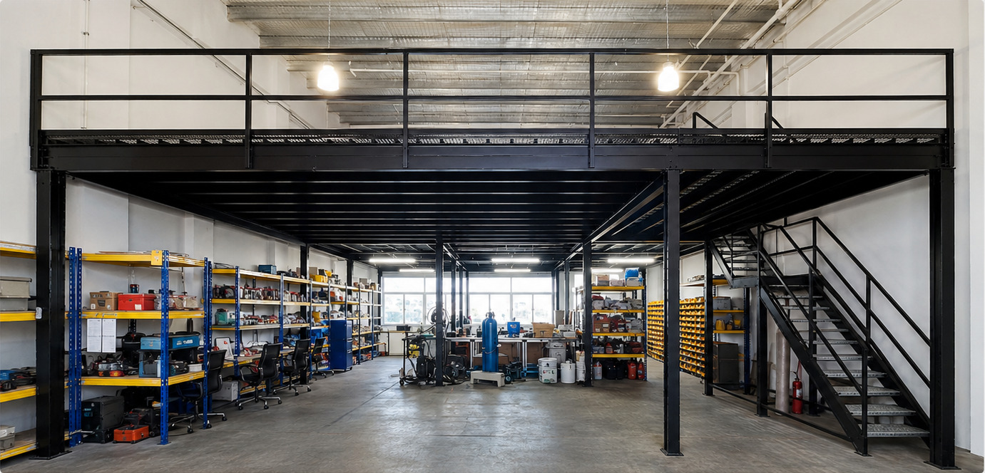 Completed 500 kg per square metre mezzanine platform at Mandai Connection Singapore with steel frame, guardrails and workshop below