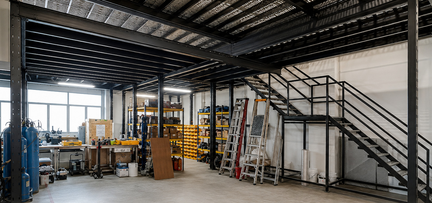 Black steel mezzanine structure at Mandai Connection, showing staircase and clear space below