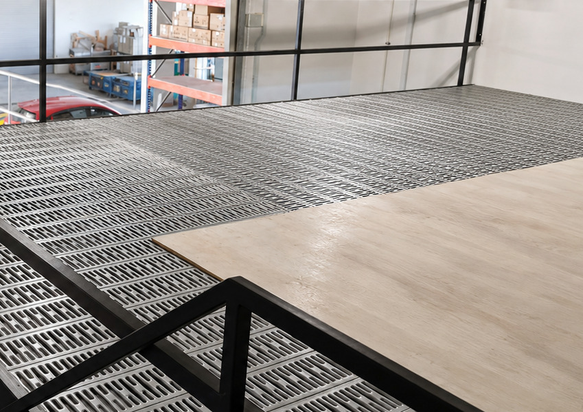 Steel grating mezzanine decking with perimeter railings at Mandai Connection