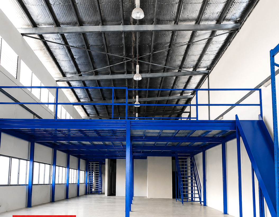 Blue steel warehouse mezzanine in a Tuas JTC industrial unit showing the upper platform and open warehouse floor below