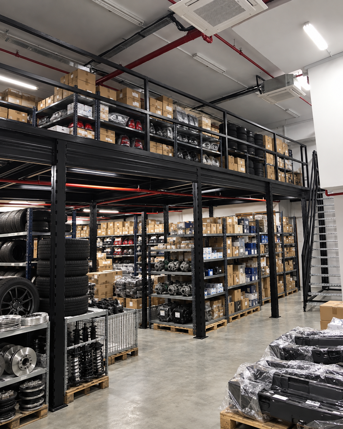Illustrative mezzanine layout for automotive spare-parts storage and service operations