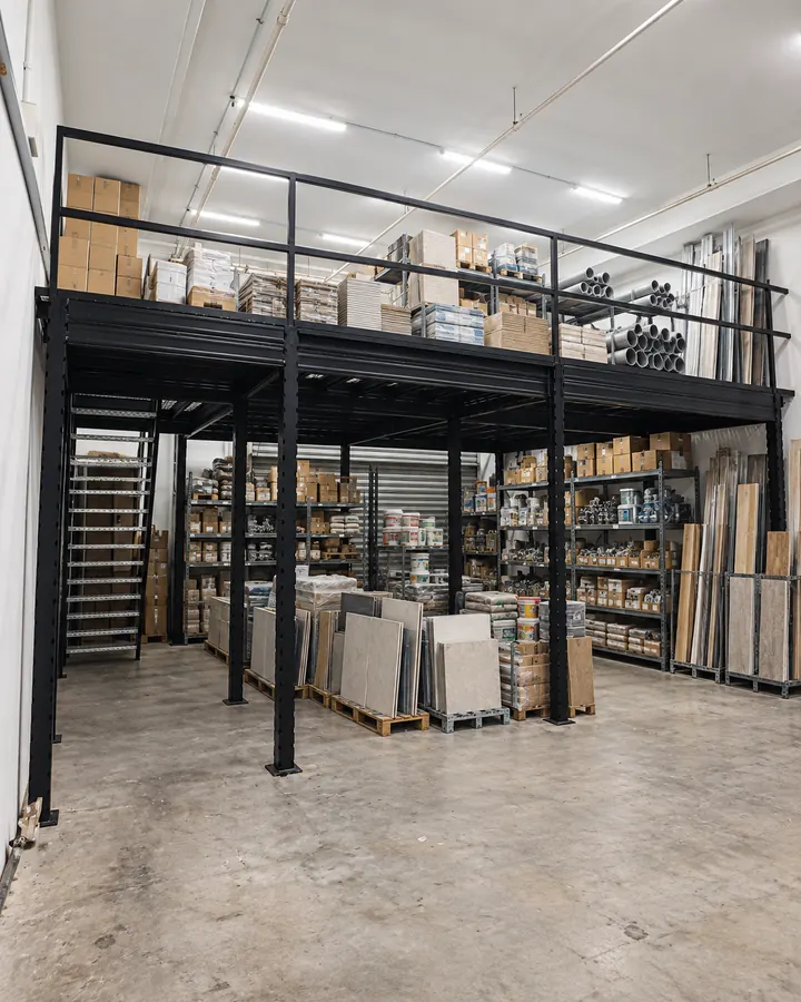 Hardware and building materials warehouse mezzanine illustration with boxed reserve stock above and display or stock handling below.