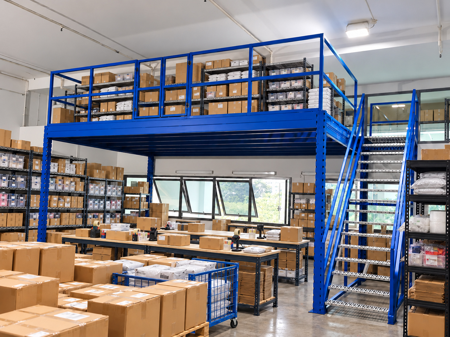 Illustrative ecommerce parcel fulfilment mezzanine with organised goods packing