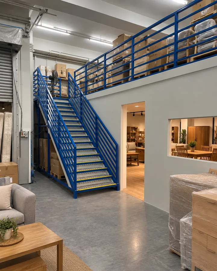 Furniture showroom mezzanine illustration with packaged stock stored above and furniture display space below.