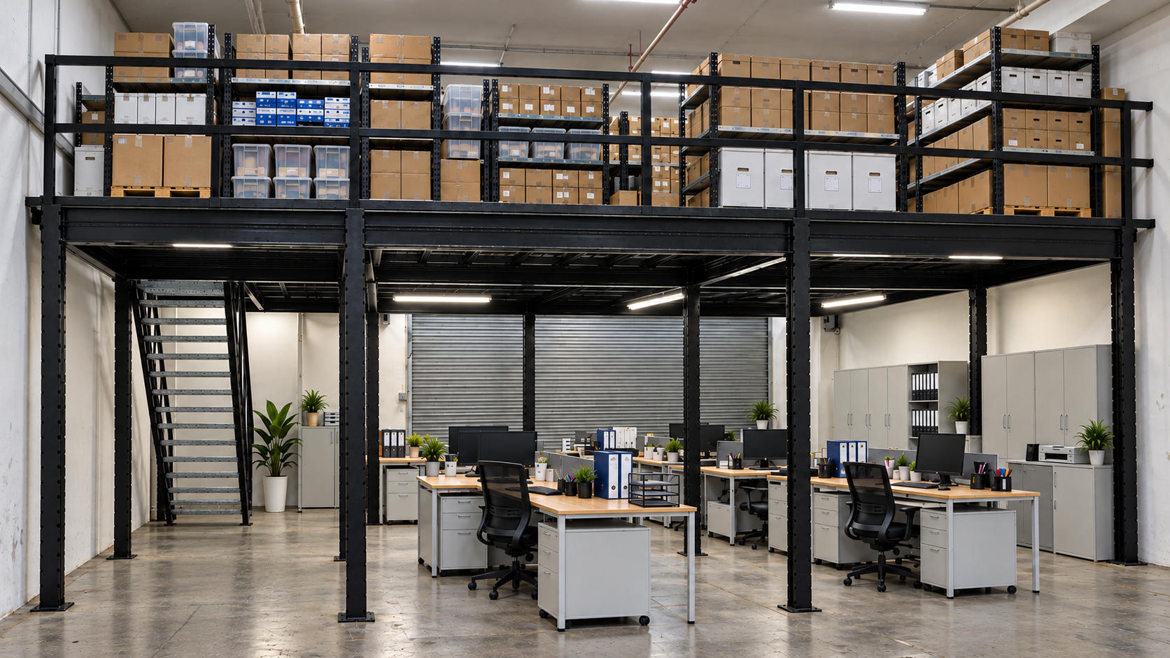 Black office mezzanine Singapore front view with storage racks and cartons above office workstations