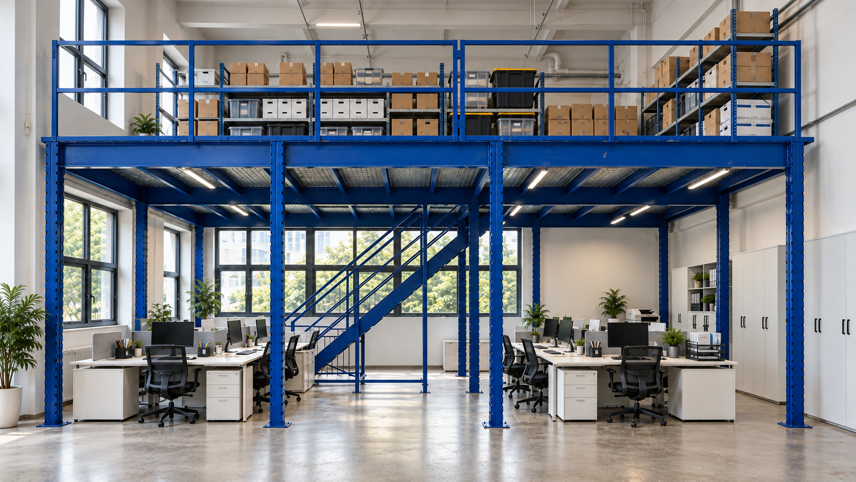Blue office mezzanine Singapore front view with office workstations below and storage shelving above