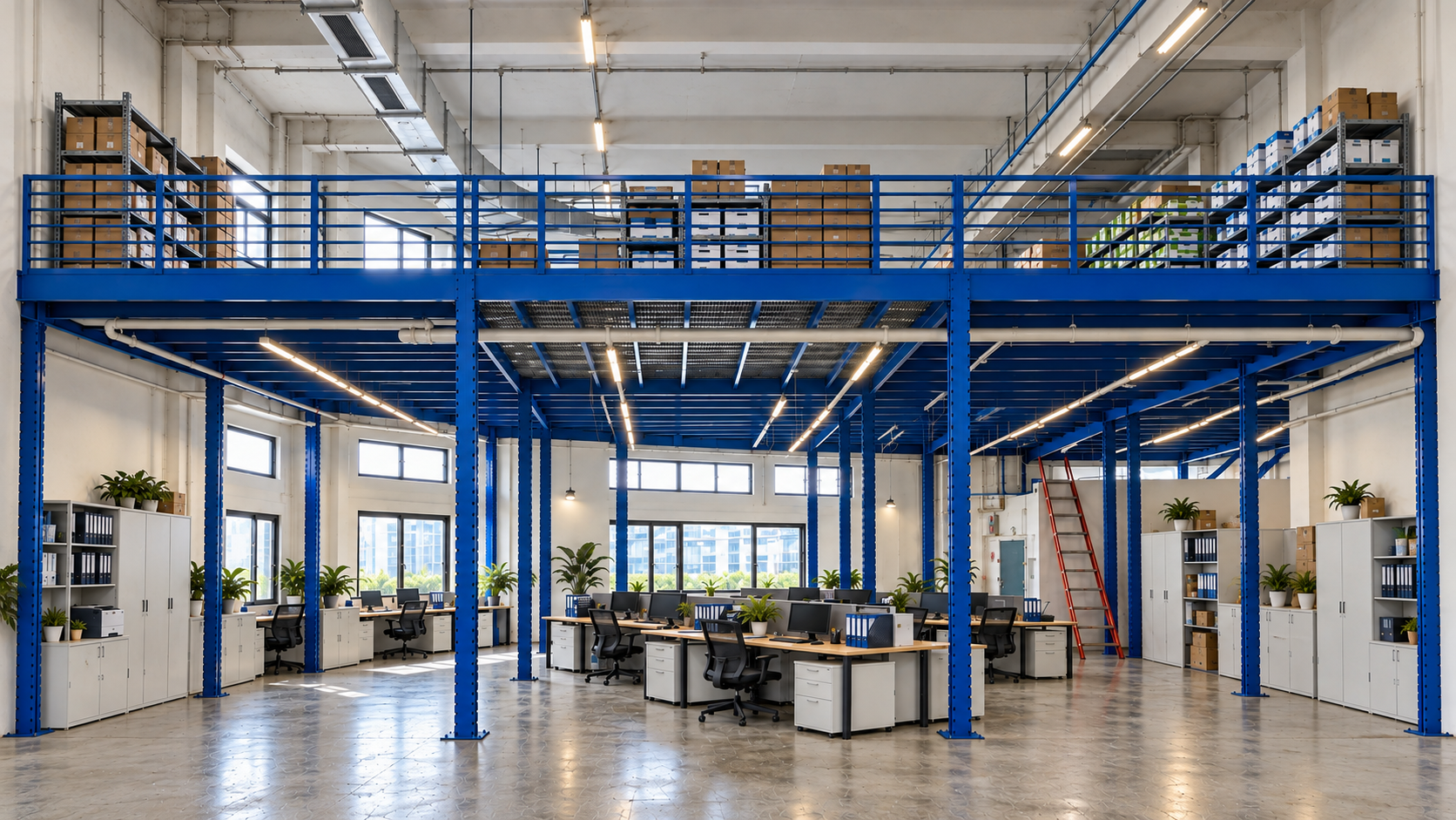 Full-width office mezzanine Singapore showing both left and right ends, office below and storage above