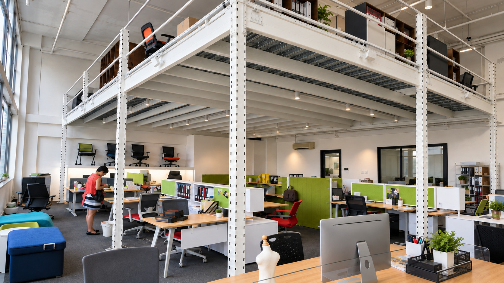 White office mezzanine Singapore wide-angle view over an active open-plan office