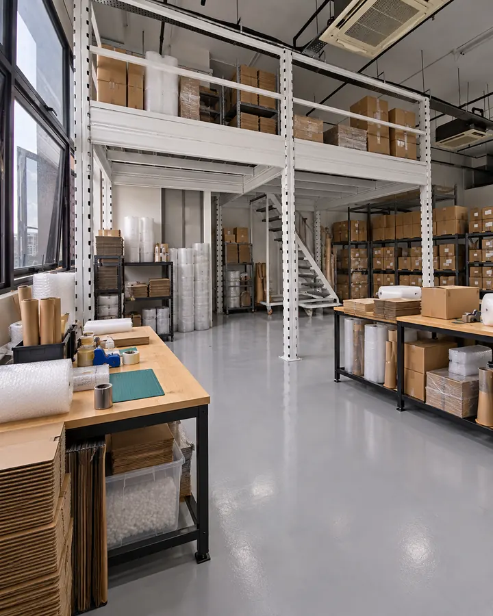 Packaging workspace mezzanine illustration with carton and material storage above and packaging benches below.