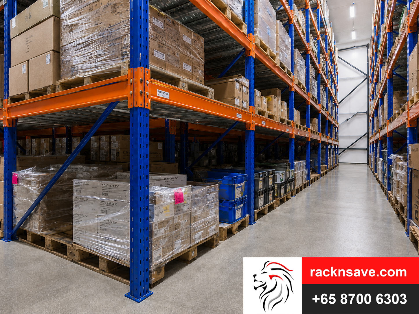 Wide aisle warehouse pallet racking system in Singapore by Rack & Save