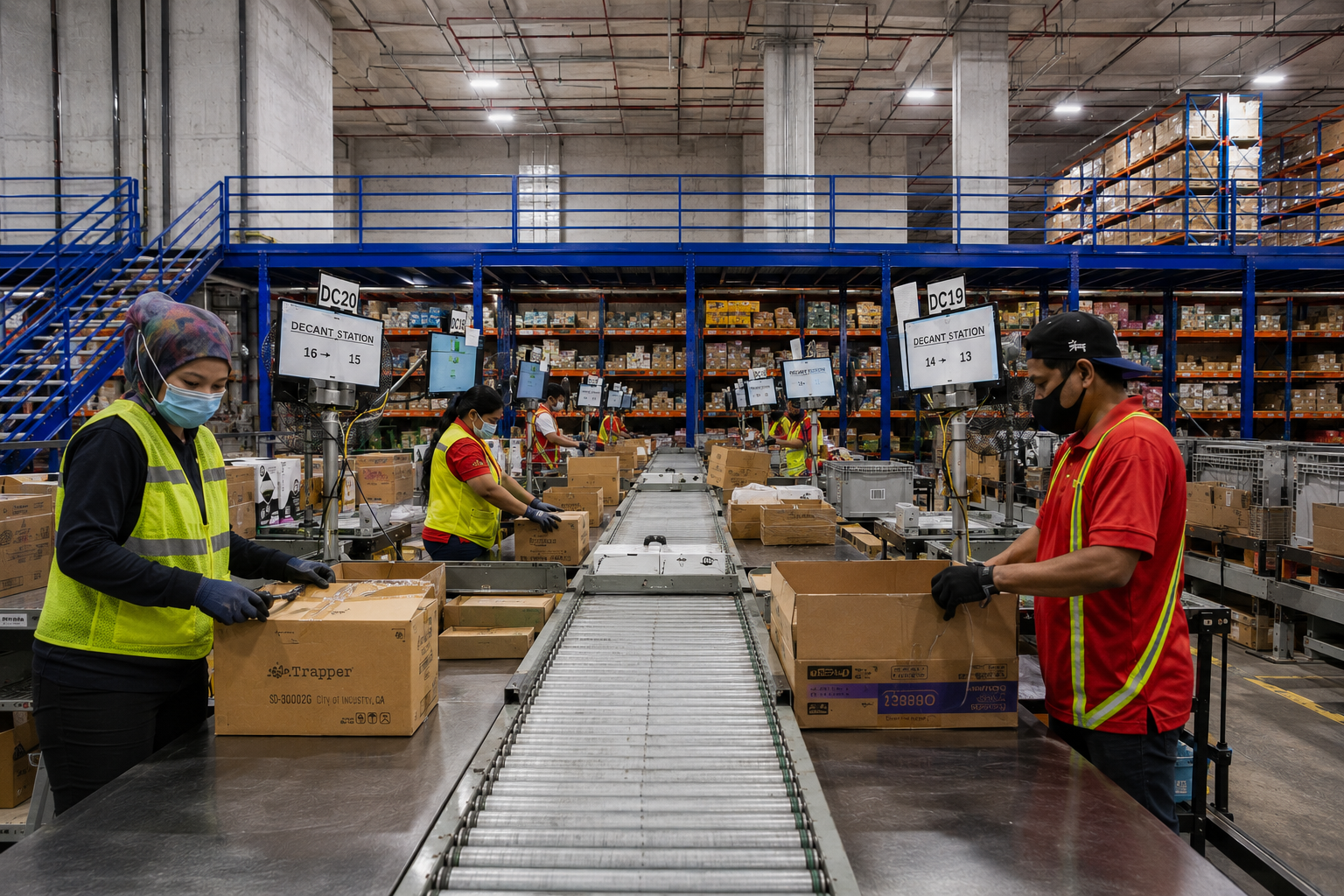 Warehouse staff handling cartons at conveyor stations beneath a blue mezzanine