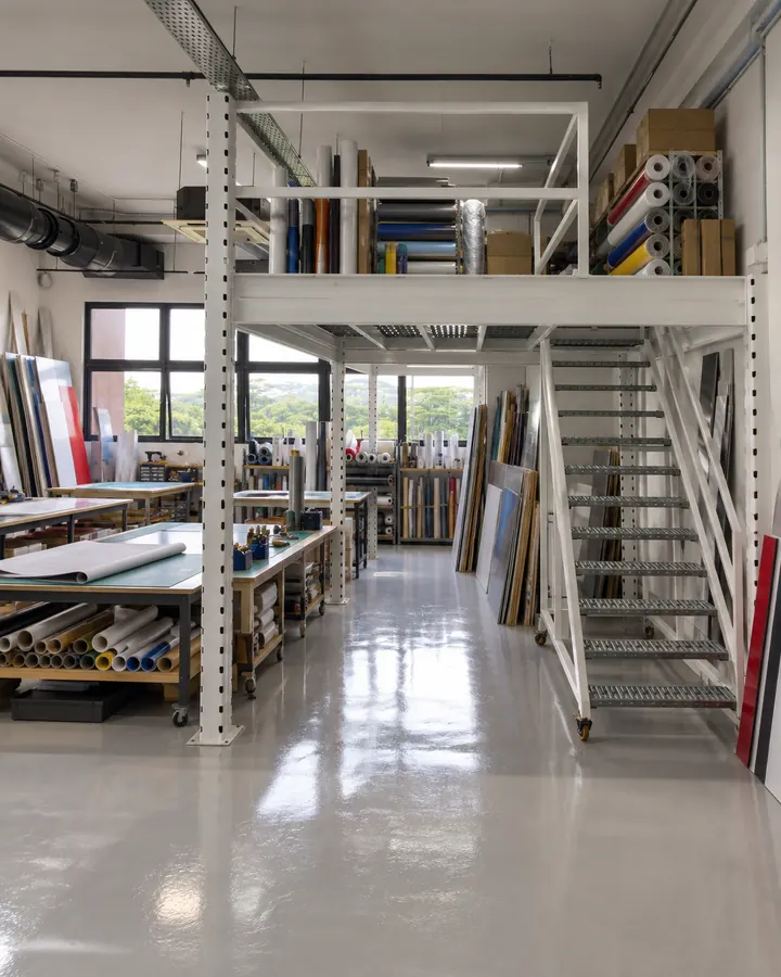 Signage fabrication mezzanine illustration with stored print rolls on an upper platform and production tables below.