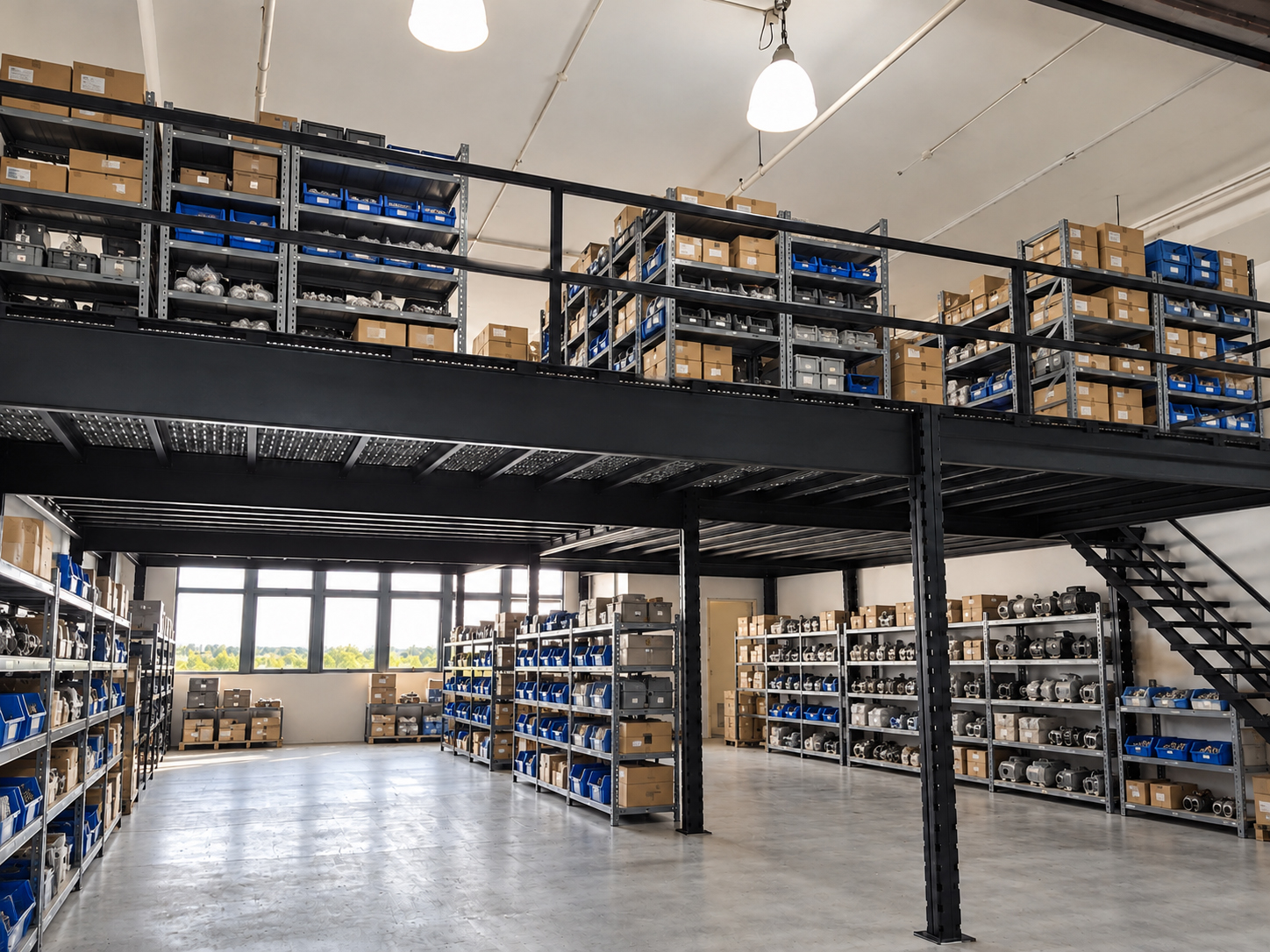 Illustrative spare parts distribution mezzanine with shelves and small parts storage