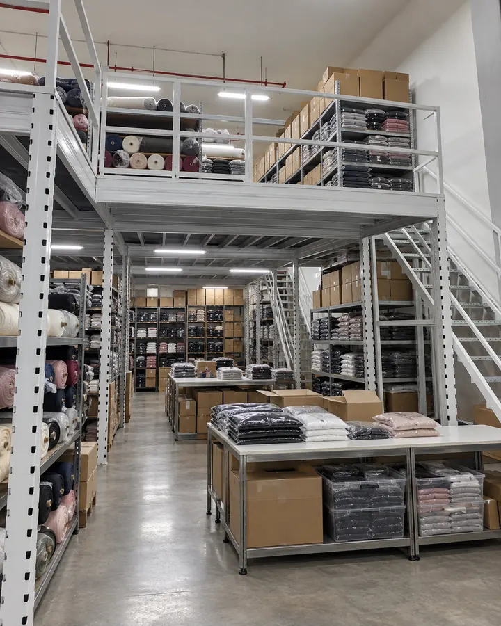 Textile and apparel storage mezzanine illustration with fabric rolls and packaged garments on the upper level.