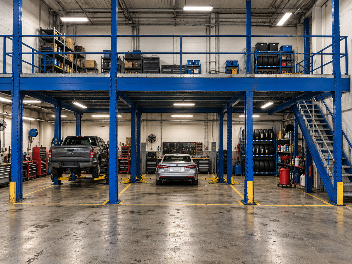 Illustrative vehicle-servicing workshop with a blue mezzanine and storage above repair bays